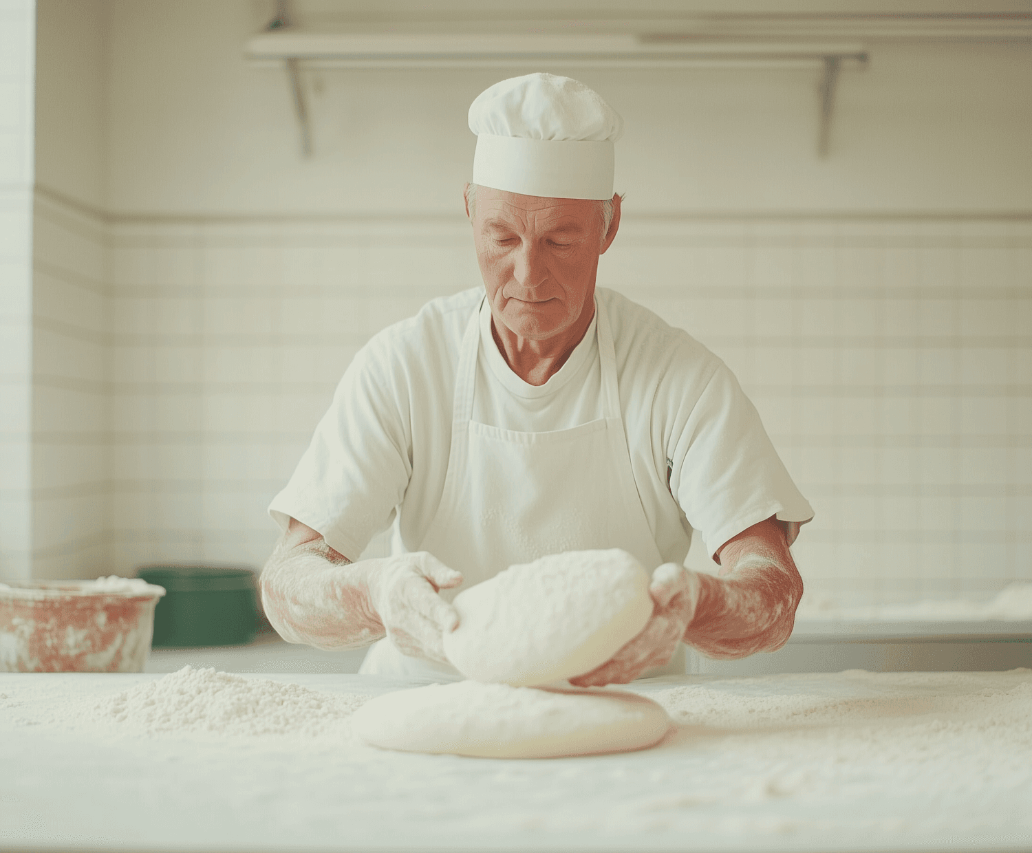 Handwerk im lokalen Geschäft: ein Bäcker formt Teig in seiner Backstube